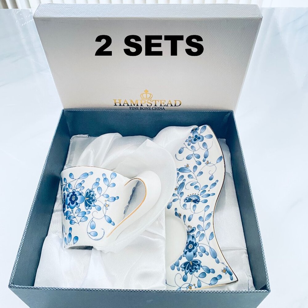 2 Hampstead Collection Wave Shape Blue Flowers Mug, Saucer & Spoon Sets (200ml)